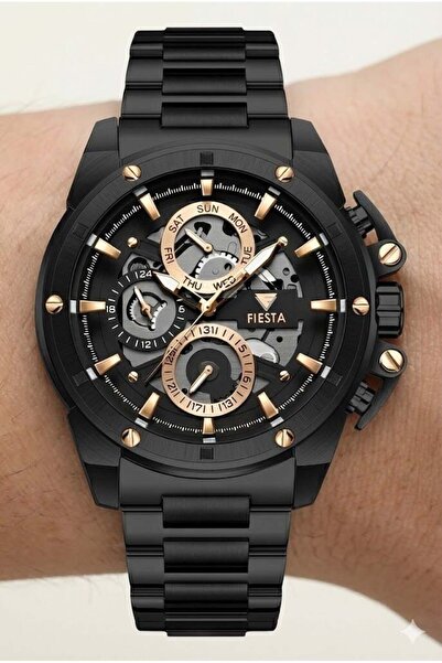 Fiesta Men's Wristwatch |   48mm Black Steel Case, Black Steel Band, Sapphire...