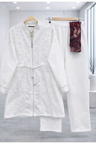 MODA VEDAT Women's Pearl Detailed Scuba Fabric Pants Set -0650