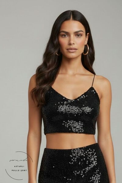 sermoda Sequin blouse - sequined elastic strap crop blouse black