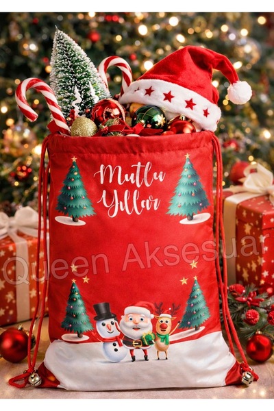 QUEEN AKSESUAR Happy Birthday Written Pine Tree Deer Snowman Santa Claus Christmas Velvet Felt Backpack Gift