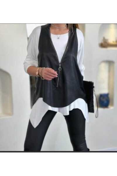 Marka Women's Long Sleeve Asymmetrical Cut Viscose Blouse and Cracked Leather...