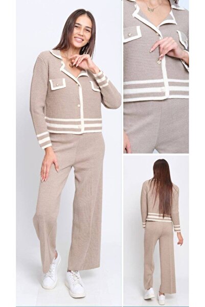 Cannes Women's Knitwear Buttoned Cream Jacket and Pants Set