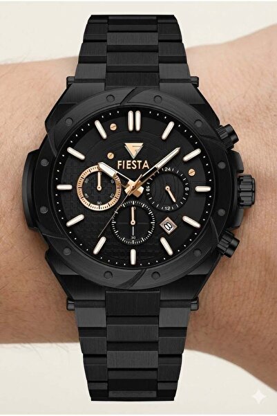Fiesta Men's Wristwatch |   46mm Steel Case, Steel Black Band, Sapphire Glass...