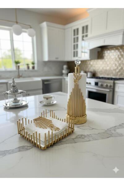 ORUÇ BEY Gold Roll Towel Holder and Square Napkin Holder Brass Plated Stainless Bathroom Kitchen Paper Roll Towel Holder