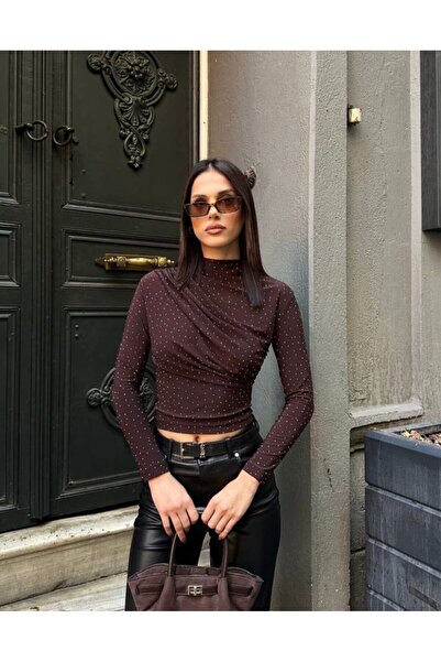 EGELİMODA Women's Shoulder-To-Waist Gathered Stone-Embellished Blouse