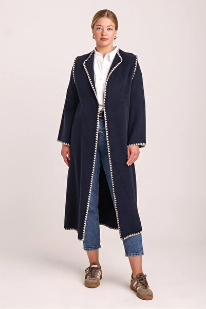 larocci Women's Navy Blue Shepherd Embroidery Detailed Long Knitwear Kimono Poncho