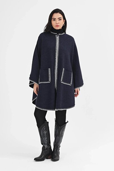 larocci Women's Navy Blue Shepherd's Stitched Knitwear Poncho