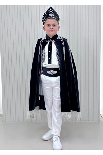 Rüyam Çocuk Giyim Siyah Kadife Gümüş Sarkaç Taşlı Kadife Pelerin Sünnet Kıyafeti