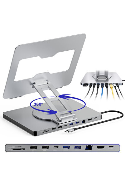 Cuantis 360° adjustable aluminum laptop stand, 10-port USB-C hub, 4K, 100W charging, gray