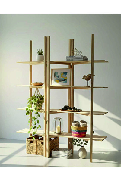 Tiydem Masif Ahşap Raflı Oda Ayırıcı Seperatör Katlanır Dekor Paravan 190x150 cm Boyasız Doğal Ahşap Rengi