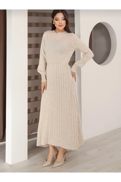 eflanmoda Rochie tricotată subțire, cu gât rotund, mâneci lungi, talie elasti...