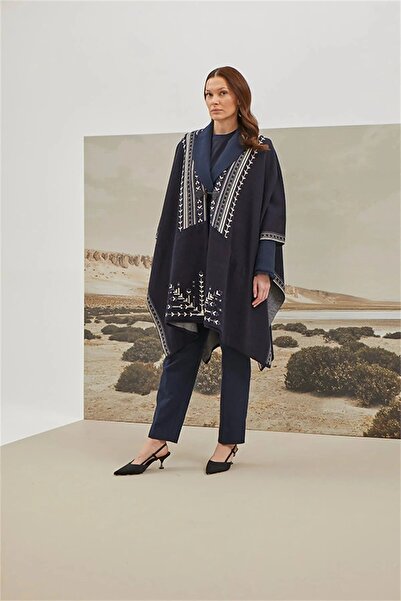 larocci Women's Navy Blue Ethnic Patterned Poncho