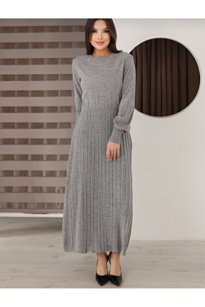 eflanmoda Rochie tricotată subțire, cu gât rotund, mâneci lungi, talie elasti...