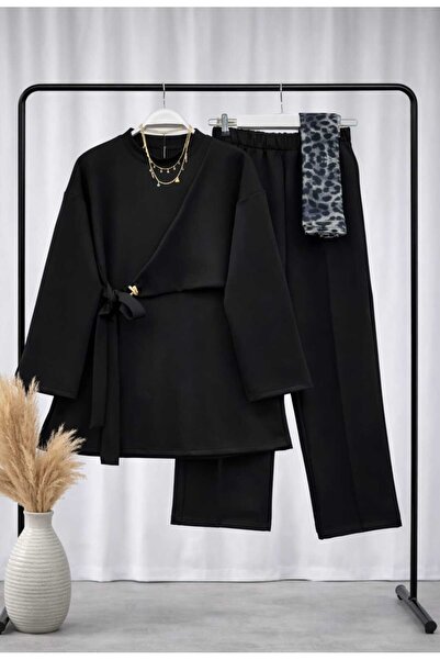 MODA VEDAT Women's Side Tie Detailed Scuba Fabric Pants Set -0570