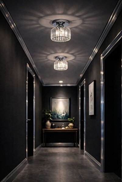 Bohem Aydınlatma modern kristal tavana sıfır plafonyer avize KORİDOR ANTRE UYUMLU ŞEFFAF KRİSTAL CAM KROM GÜMÜŞ GÖVDE