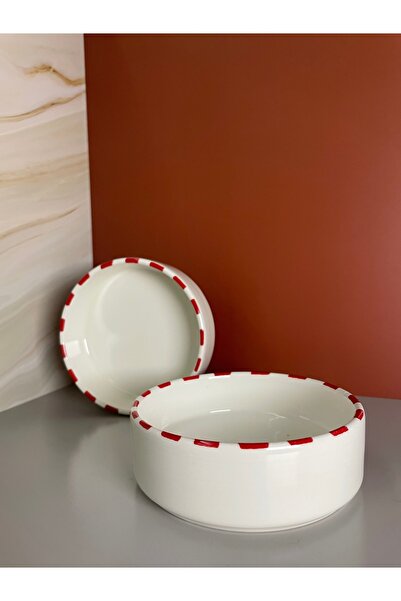 YALAZHOMEDESING İKİ BEYAZ RENKTE / KIRMIZI ŞERİTLER ÜSTÜNDE / MODERN KASE