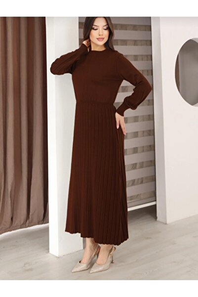 eflanmoda Rochie tricotată subțire, cu gât rotund, mâneci lungi, talie elasti...