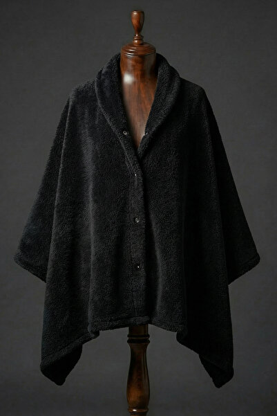 AQUABERRY Çıtçıtlı Premium Omuz Şalı Panço - Siyah