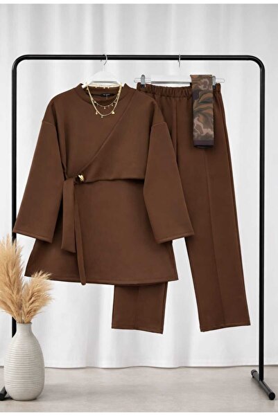 MODA VEDAT Women's Side Tie Detailed Scuba Fabric Pants Set -0570