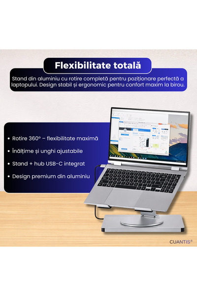 Cuantis Suport laptop aluminiu reglabil 360°, hub USB-C 10 porturi, 4K, încărcare 100W, gri
