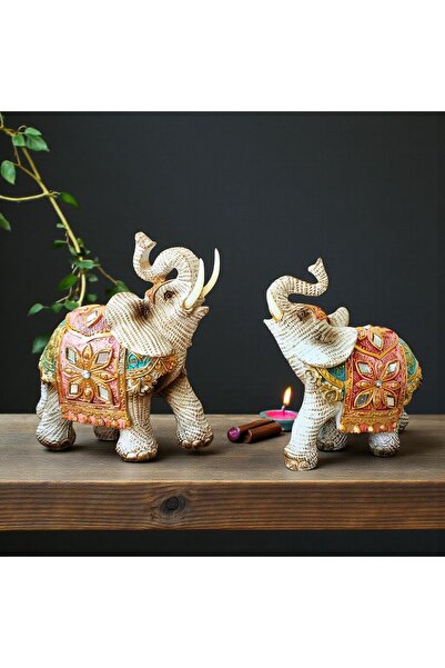 ELSELİFE Lüks Ayna & Nakış İşlemeli Feng Shui Şans Getiren 2’li Fil Heykeli D...