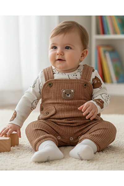 Nafitto baby&junior Baby Teddy Bear Embroidered Waffle Knitted Salopet Jumpsu...