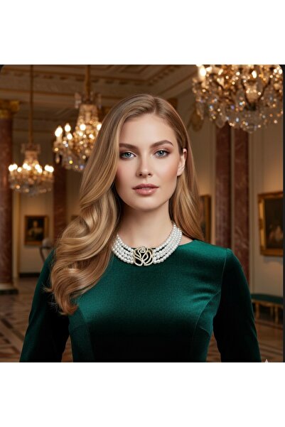 Manu Collection Karın gold taşlı gül desenli tasarım choker inci kolye özel s...