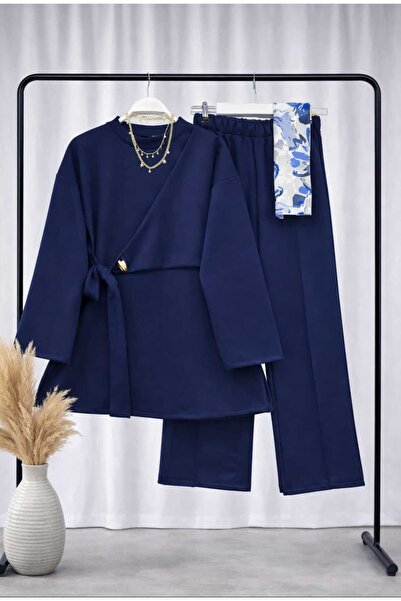 MODA VEDAT Women's Side Tie Detailed Scuba Fabric Pants Set -0570