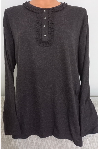 Anne Er Clothing Oversized Winter Cotton Combed Cotton Blouse Long Sleeve Crew Neck Coffee