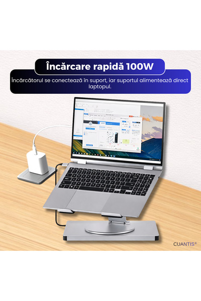 Cuantis Suport laptop aluminiu reglabil 360°, hub USB-C 10 porturi, 4K, încărcare 100W, gri