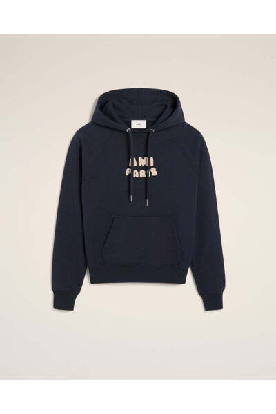 Beymen Collection AMİ PARİS YAMALI LACİVERT PAMUKLU KAPÜŞONLU SWEATSHİRT.