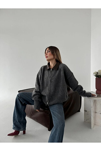 BLACK MODBLACK Leather Collar Cotton Textured Double-Sided Zippered Jacket - Smoked