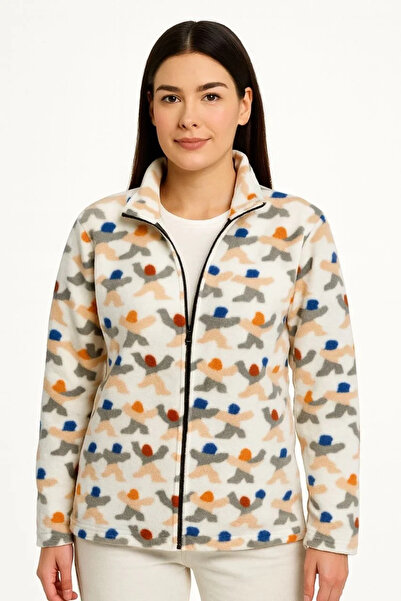 BLACK MODBLACK Women's Full Zippered Patterned Fleece Sweatshirt – Black Multi-Color Figure Pattern Collar, Long Sleeves, Ov