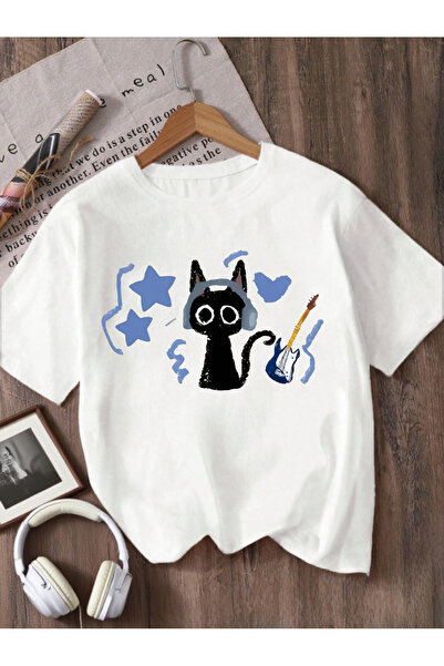 Let's Wear تي شيرت للفتيات من كات مطبوع بياقة الدراجة