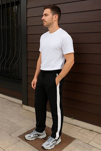 BLACK MODBLACK Men's Three-Ply Winter Cotton Trackpants with Side Garnishes, Thick Stripes and Pockets - Black
