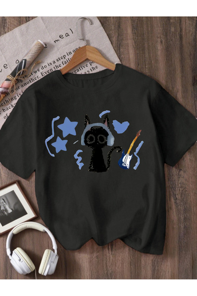 Let's Wear تي شيرت للفتيات من كات مطبوع بياقة الدراجة