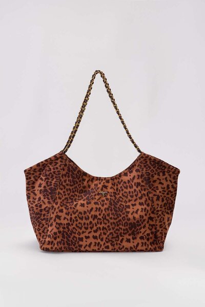 Levidor Extra Large Size Knitted Chain Strap Shopper Design Soft Suede Women's Shoulder Bag Leopard