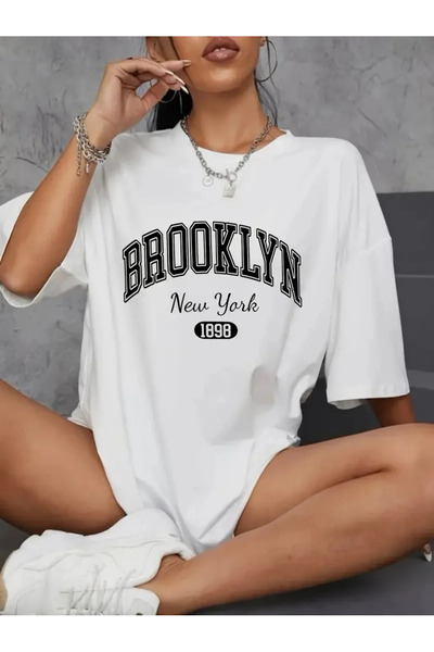fourblack Brooklyn Letter Printed Off-Shoulder T-Shirt, Casual Short Sleeve L...