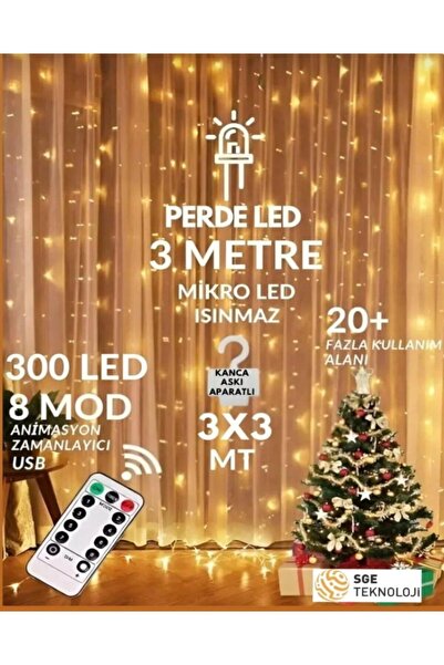 happystoretr 300 Ledli 10 Sarkıt Perde Led Işık-8 Fonksiyon, Uzaktan Kumandal...