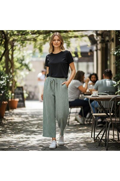 GÖMLEK GALERİSİ Women's Cotton Striped Elastic Waist Sports Pants Standard Si...