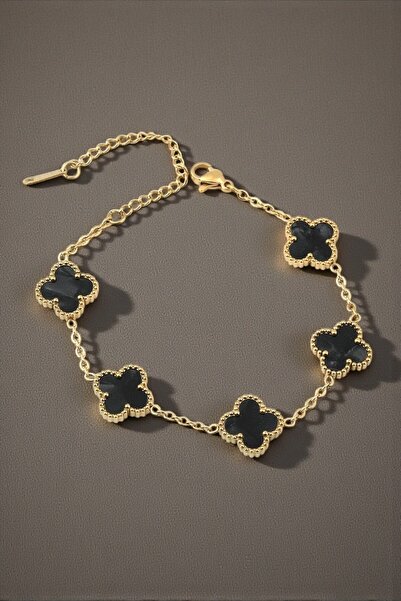 Lorivelle Siyah Mineli Dört Yapraklı Yonca Çelik Bileklik | 14K Altın Kaplama...
