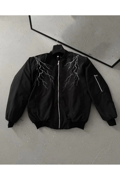 BLACK MODBLACK Unisex Black Bomber Jacket – White Lightning Pattern, Zippered...