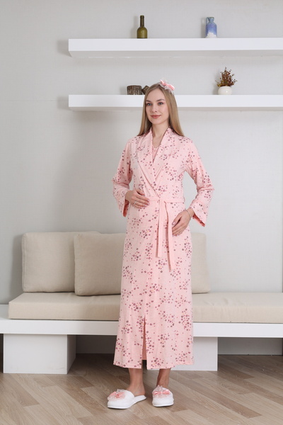 ERDENİZ TEKSTİL Doğum Öncesi-Sonrasına Uygun Hamile Gecelik ve Sabahlık Takımı-Nakışlı-Düğmeli-Lohusa Seti/Kısa Kol