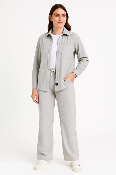 BLACK MODBLACK Women's Velvet Oversize Suit – Shirt and Pants Two-Piece Set Smoke Corduroy Style, Comfortable V