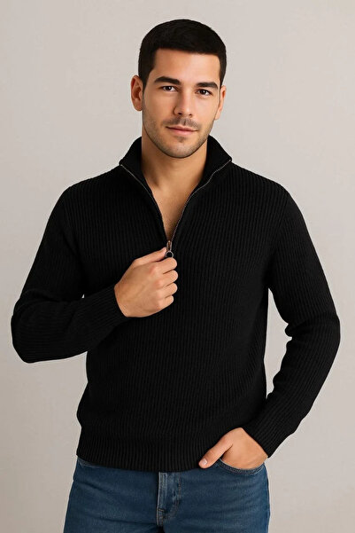 BLACK MODBLACK Men's Half-Zip Knitwear Sweater – Selani̇k Knitting, Stand-Up Collar, Cotton Woven, Regular Fit Long