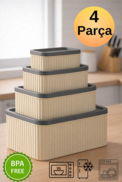 DOVİHOME 4-Piece Striped Rectangular Storage Set Cream |   3L 1.8L 1L 0.55L |   Microwave and Freezer Compatible