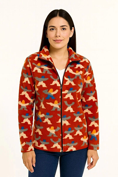 BLACK MODBLACK Women's Full Zippered Patterned Fleece Sweatshirt – Black Multi-Color Figure Pattern Collar, Long Sleeves, Ov