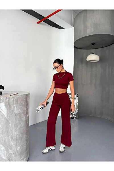 BLACK MODBLACK Osy Modal Soft Textured Fabric Short Sleeve Crop Bottom Flared Pantalon Double Set - Bordo