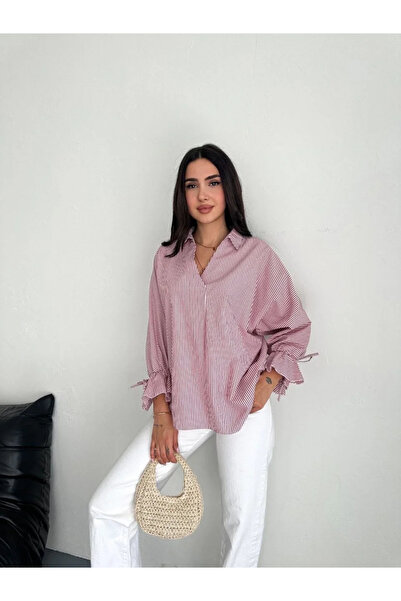 BLACK MODBLACK Women's Striped Blouse Shirt with Asymmetric Slit Cut Detail on the Back - Burgundy