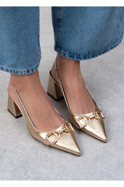 İZCE MODA Women's High-Heeled Pointed Ankle Strap Gold Color Matte